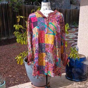 Patchwork Print Cotton Pull Over Peasant Top Blouse Long 3/4 Sleeve 3X Brown
